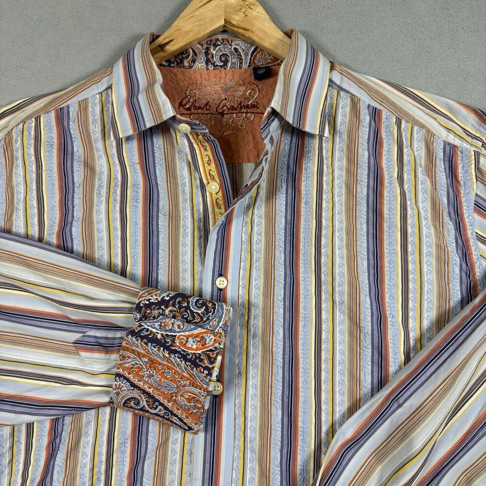 Robert Graham Men 2XL Striped Button Down Shirt Long Sleeve Paisley Cuffs Cotton